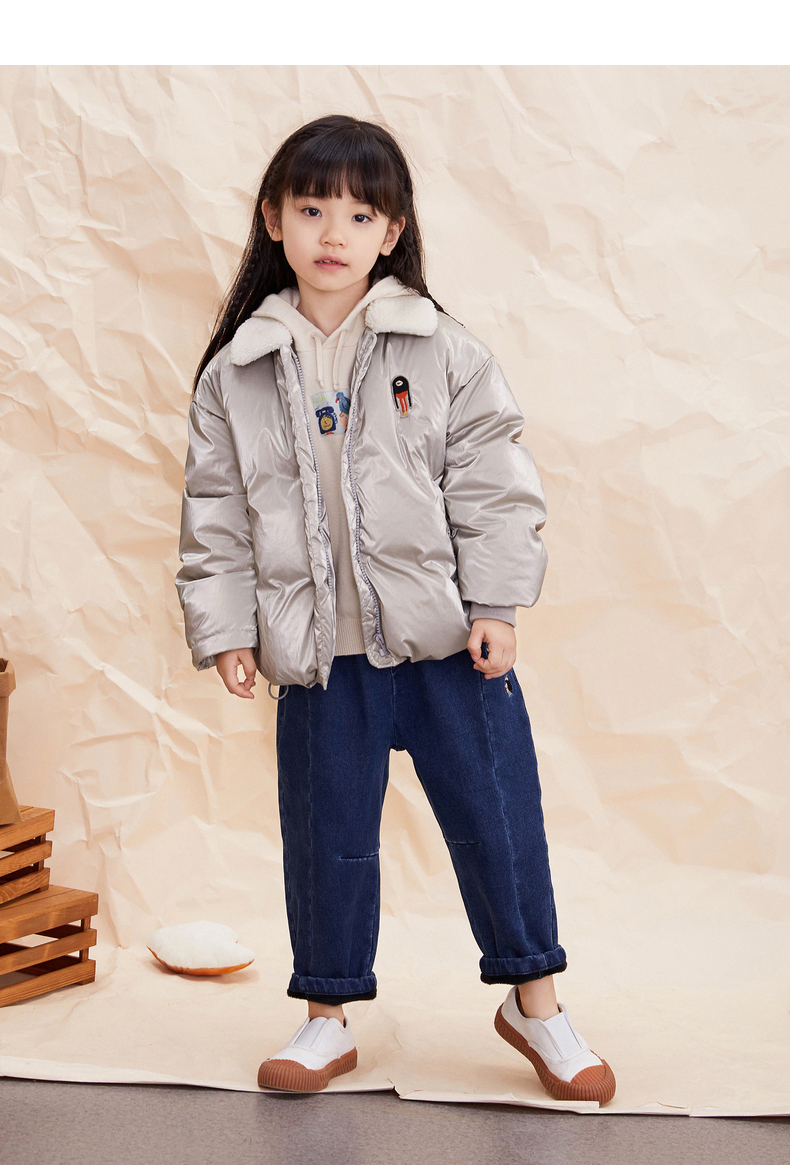 马拉丁童装中大童羽绒服冬季新款男女童羊羔绒翻领羽绒外套 金色 160