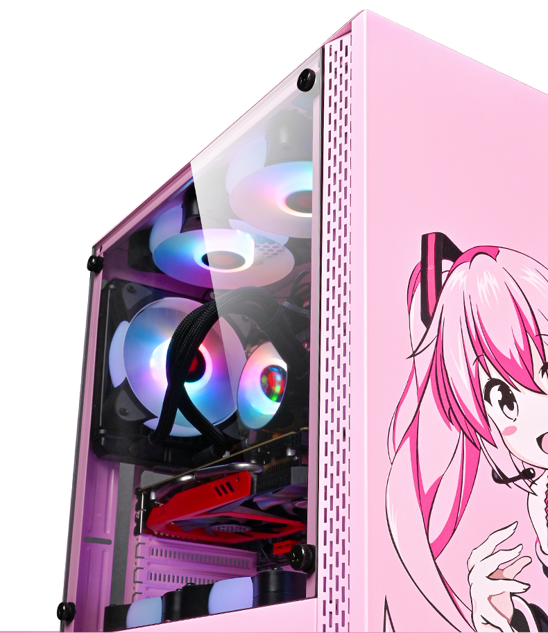 玩嘉铠甲初音少女粉色二次元电脑机箱atx大侧透玻璃电竞游戏网红主播