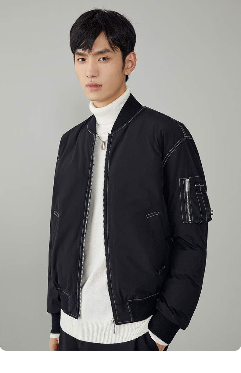 太平鸟男装冬季新款男士明线设计棒球领棉服时尚韩版夹棉夹克外套黑色