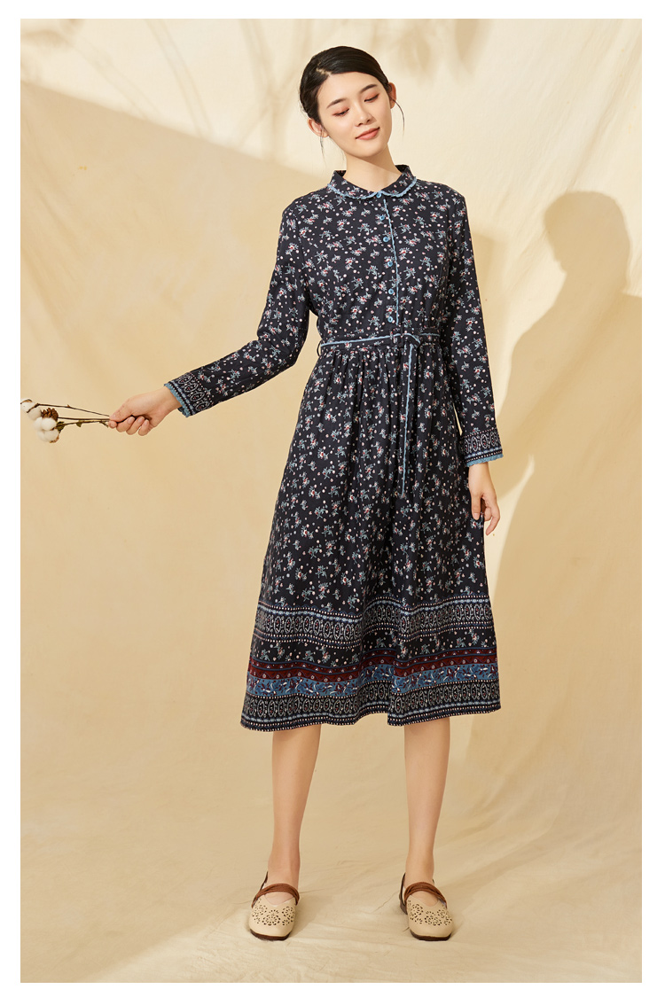 依伽依佳2020冬季棉质通勤文艺碎花娃娃领连衣裙女elql307 96蓝底印花