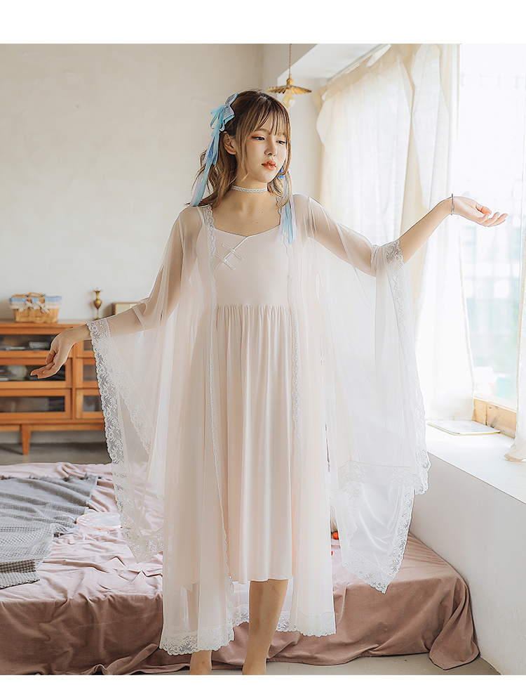 浪莎中国风汉服睡衣女秋季盘扣古代纯棉蕾丝复古风吊带裙睡袍套装寝服