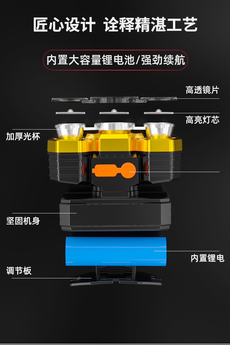 头灯夜钓灯五头头灯强光超亮可充电式钓鱼灯远射超亮头戴式led矿灯手