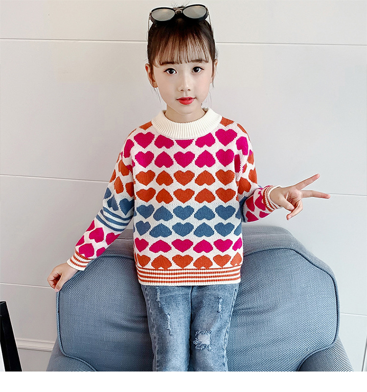 糊图狗 儿童冬季新款中大童女童拼色爱心毛衣儿童上衣女孩针织衫 黑色