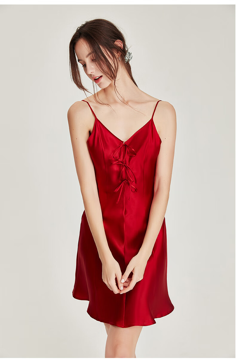 珊目尔新款真丝吊带睡衣女夏季100桑蚕丝丝绸睡裙酒红色l码