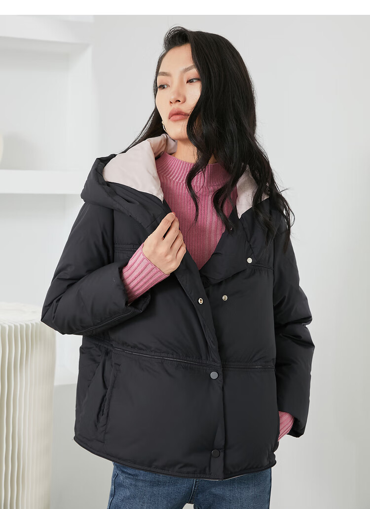 伊布都ibudu2020冬季新款连帽中长款白鸭绒羽绒服宽松外套女 藏青 155