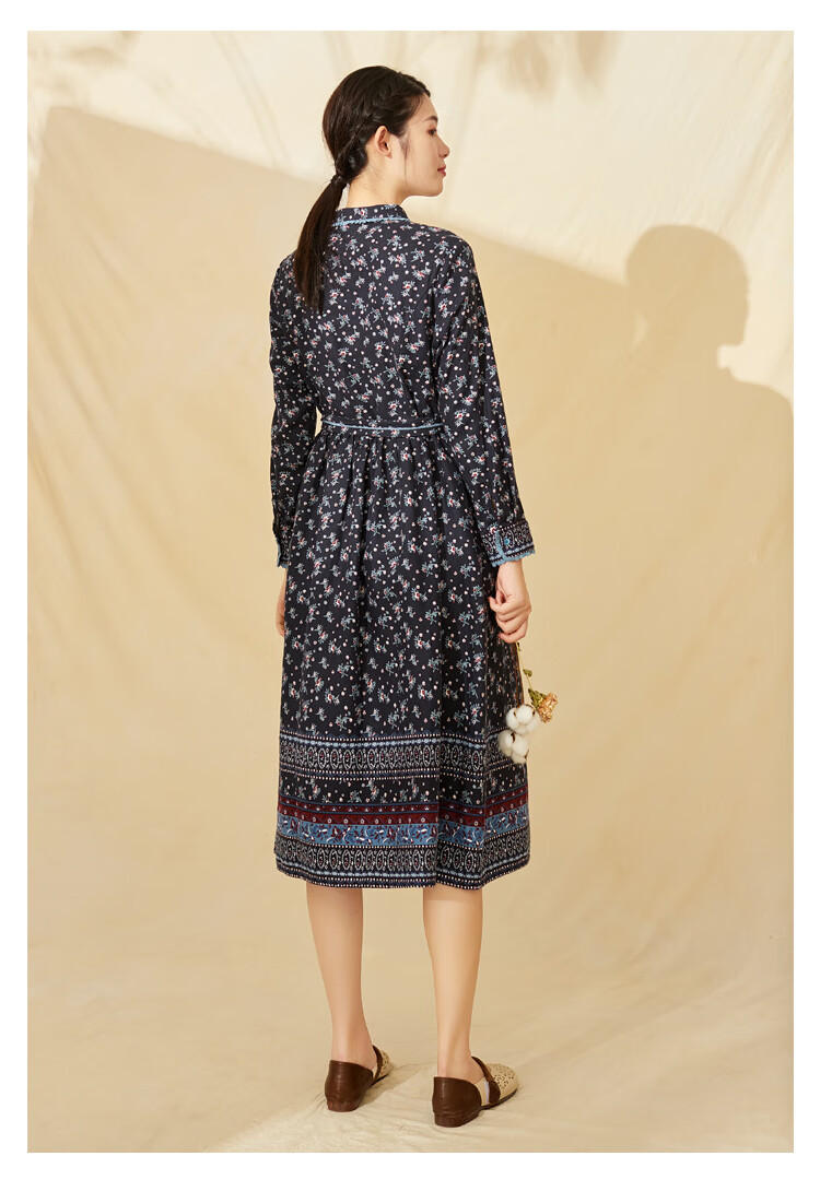 依伽依佳2020冬季棉质通勤文艺碎花娃娃领连衣裙女elql307 96蓝底印花