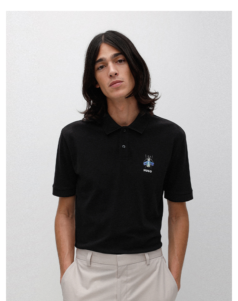 hugo 男士2022春夏新款网虫徽标图案丝光棉短袖polo衫boss 001-黑色