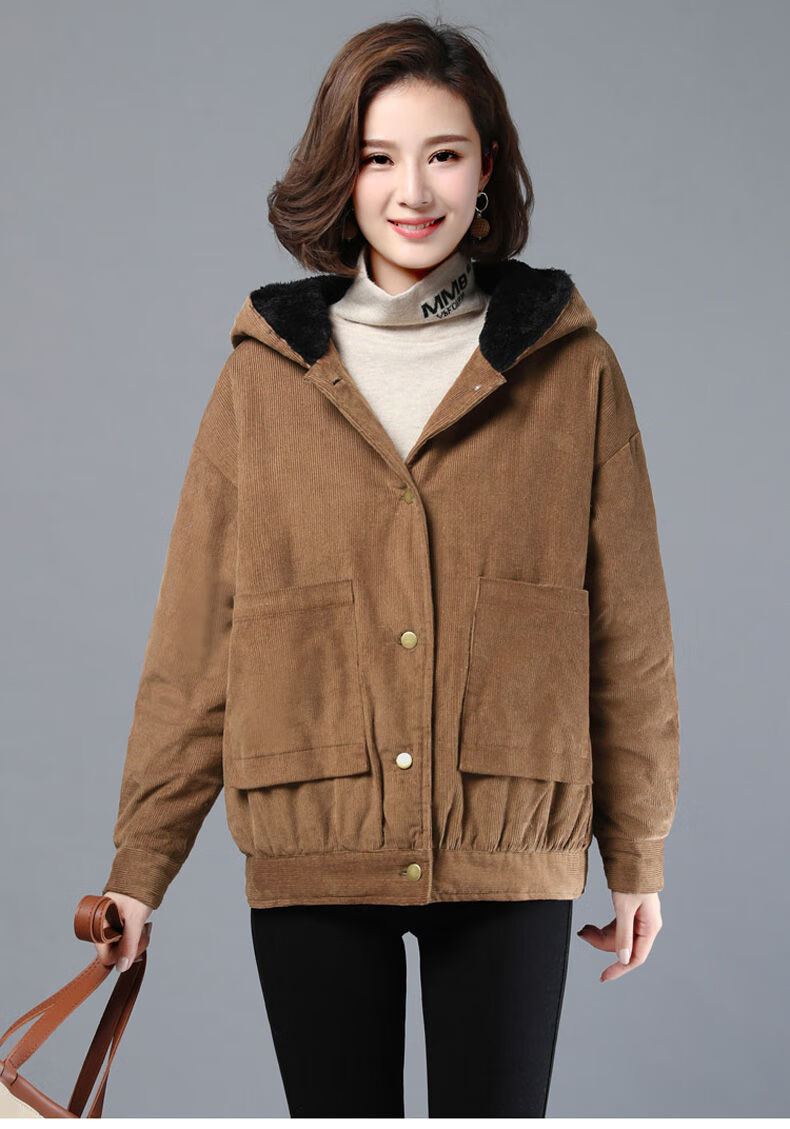 灯芯绒外套女20冬季新款休闲复古宽松加绒加厚棉服妈妈短款棉衣 深咖