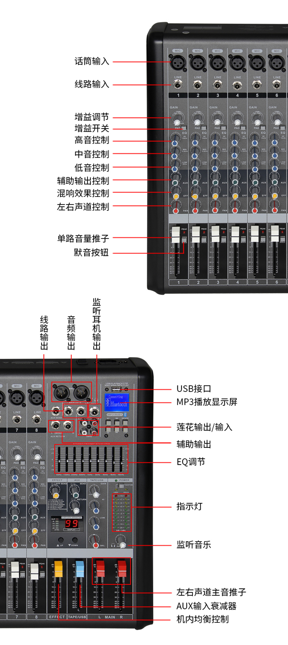 mickle美奇em8调音台专业带蓝牙usb均衡dsp混响效果家用舞台演出ktvem