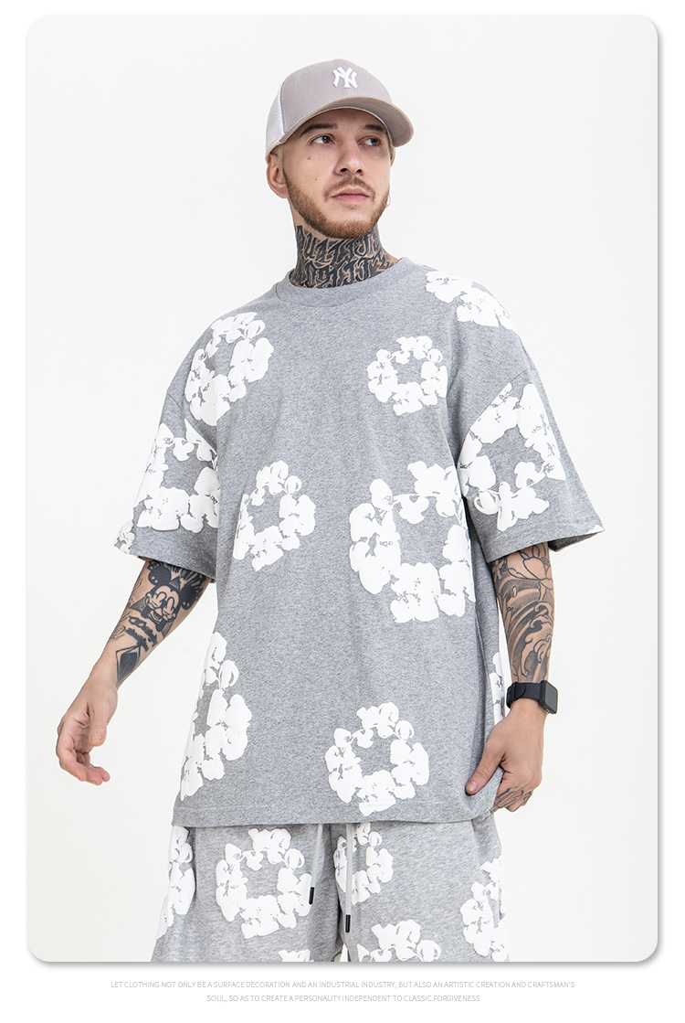 fogamiri潮牌denimtears侃爷同款木棉花发泡印花宽松短袖t恤男黑色m码