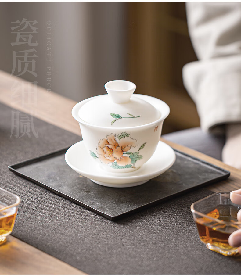 聚山堂德化白瓷羊脂玉瓷三才盖碗手绘茶碗单个高档功夫泡茶碗礼盒装
