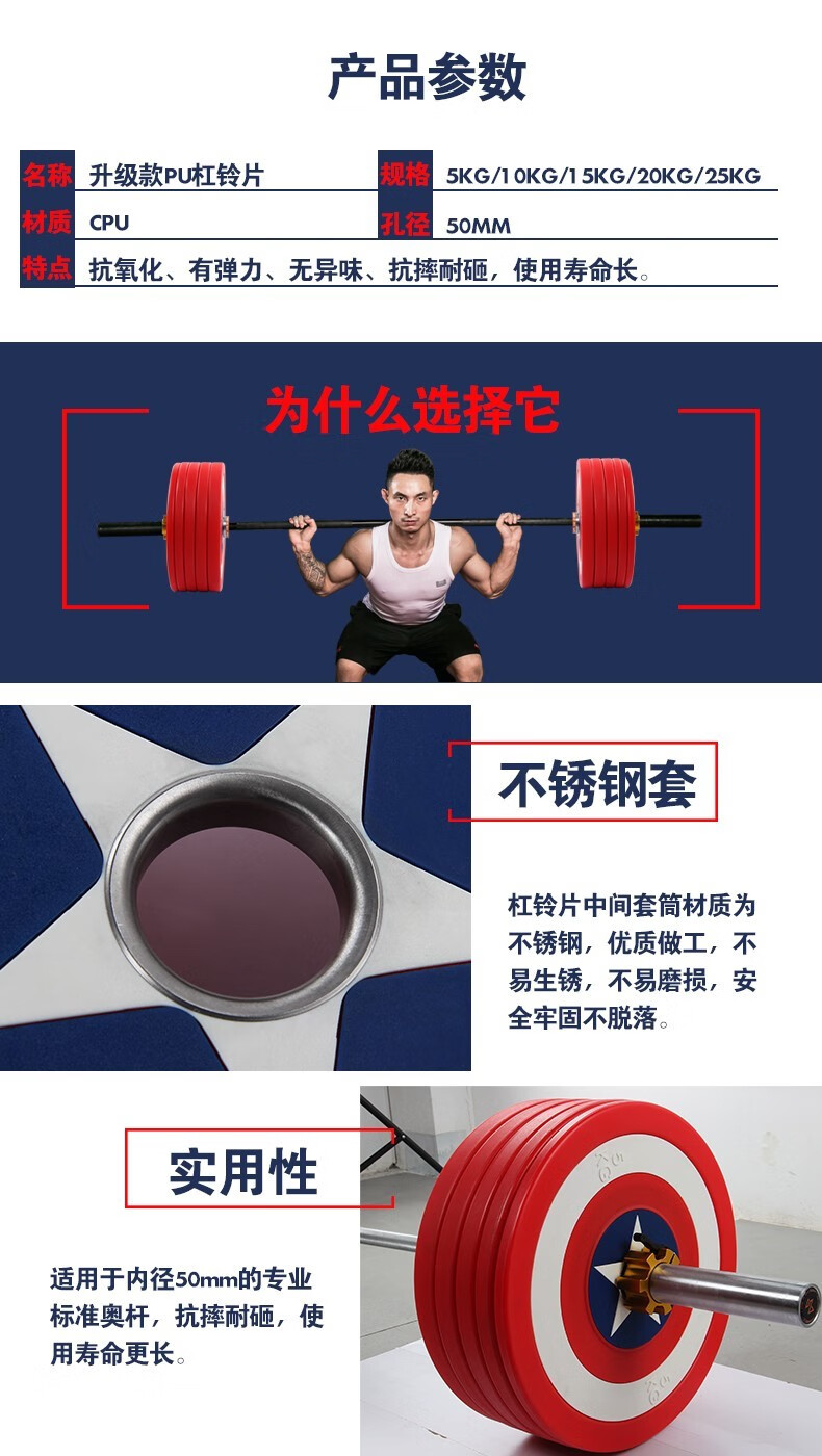 健身房专用杠铃片 专业举重片 无异味cpu全胶大孔50mm商用配重片 20