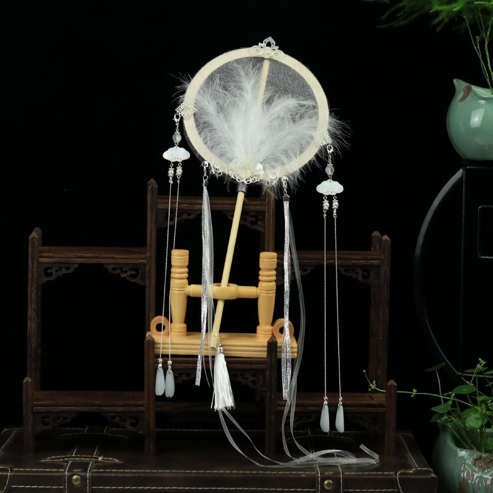 同款团扇汉服古装长柄流苏长柄刺绣飘带宫扇古风饰品复古团扇宫廷舞蹈