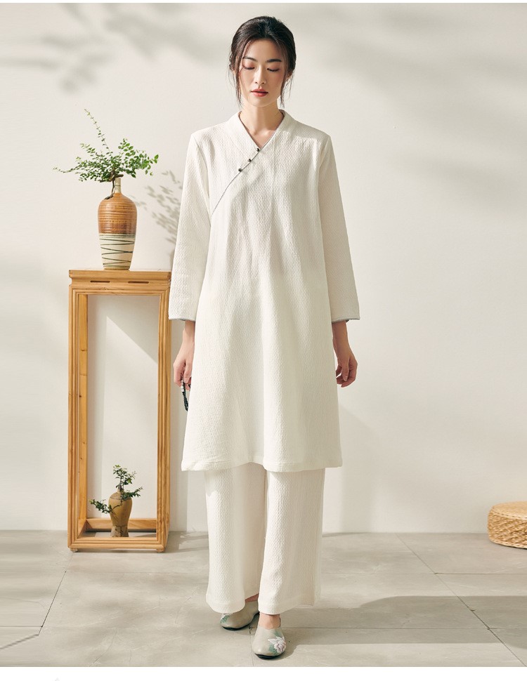 【茶艺禅服女秋冬】茶服秋冬季禅服套装女居士服加厚白色禅修服棉麻