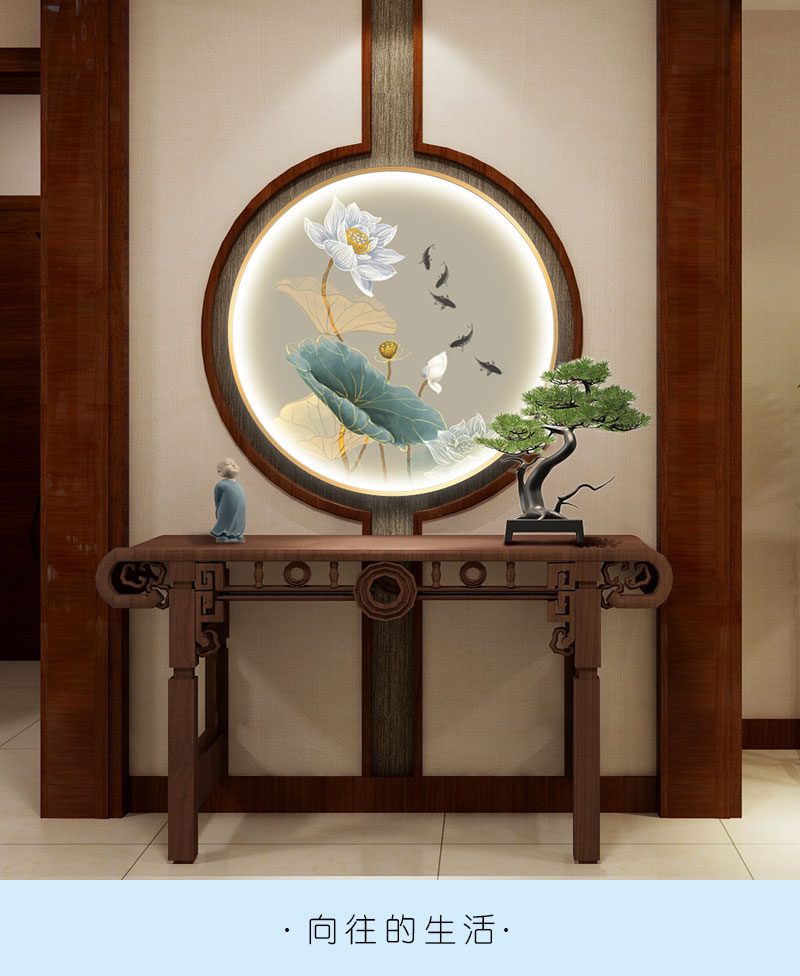 新中式荷花带灯装饰画客厅餐厅玄关壁画发光圆形禅意背景墙挂画kd7718