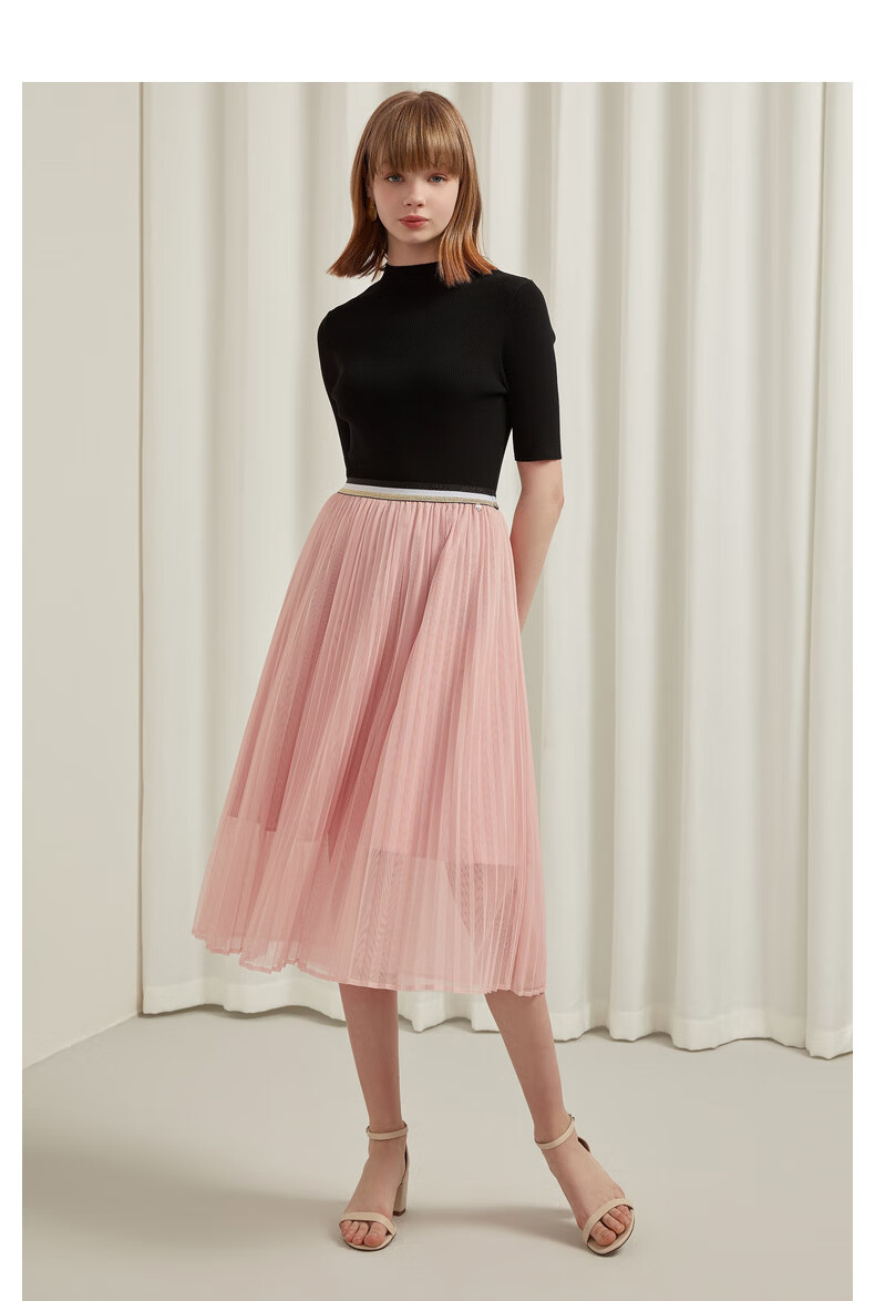 teenieweenie小熊夏季女装百褶裙半身裙高腰女a字裙淑女风中长裙 粉色