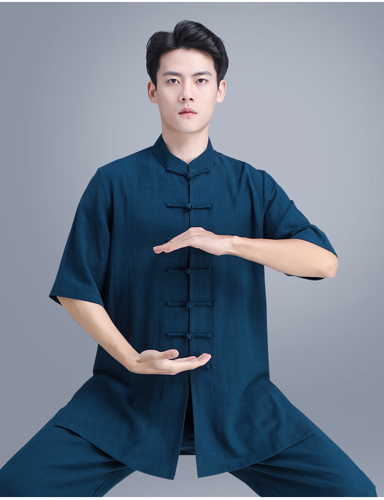 山人运动2022新款太极服男士夏季短袖武术服练功服中老年棉麻太极拳