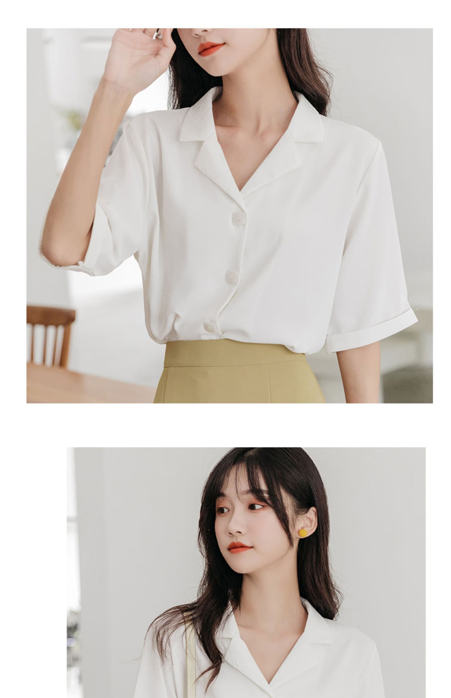 babiboybabiboy夏季白色衬衣正肩雪纺冰丝古巴领衬衫女v领薄款短袖