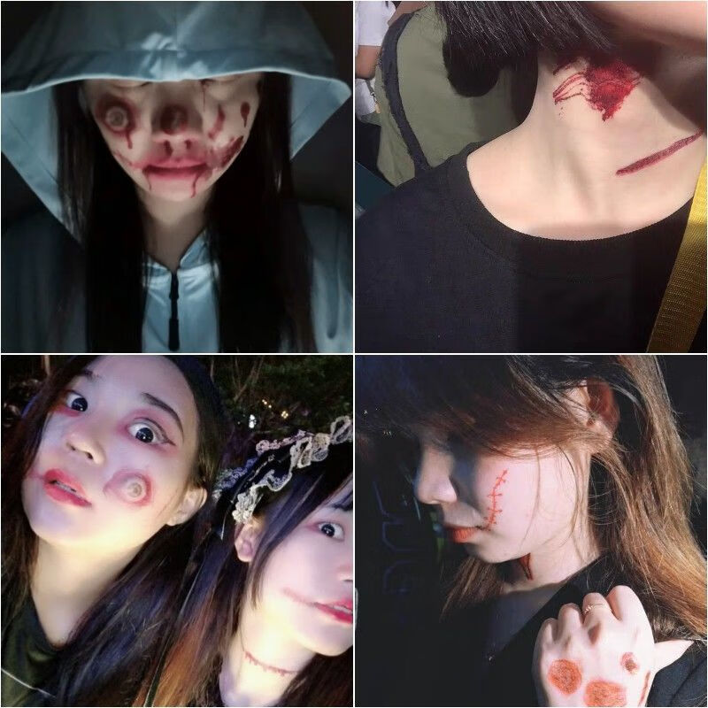 纹身贴纹身贴防水男女万圣节恐怖伤疤缝针仿真恶作剧假受伤口抓痕挫伤
