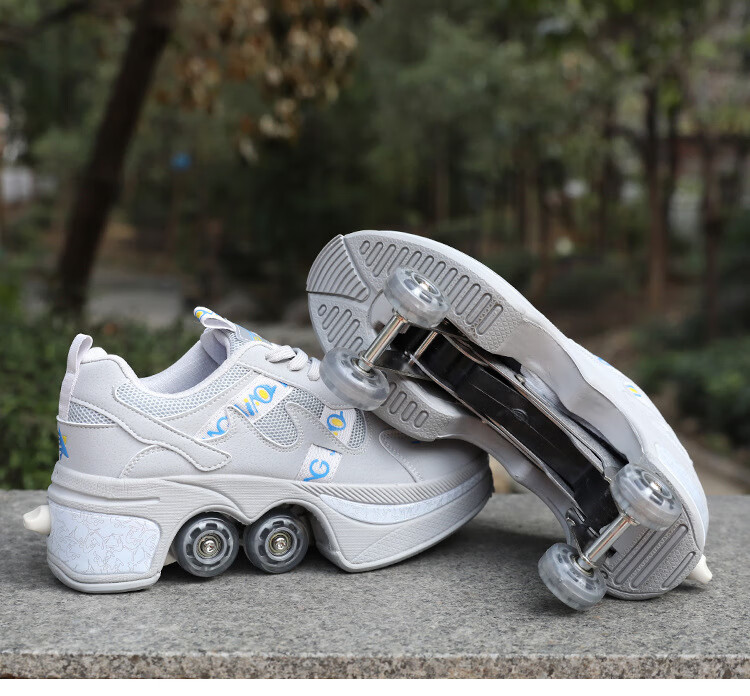 暴走鞋 两用变形鞋双排四轮轮滑旱冰鞋溜冰鞋 黑银粉 eur 40码/us 8.