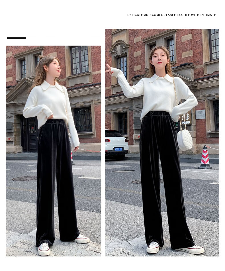 88879-忻萦(XIN YING)金丝绒阔腿裤女秋冬高腰宽松坠垂感直筒黑色加绒裤子休闲拖地加厚 黑色(加绒加厚,免费退换) 均码(建议157cm-170cm,90-150斤)-详情图