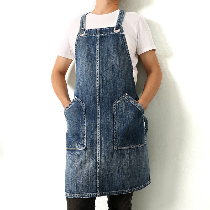 牛仔围裙厨房双肩出口简约舒适双肩背水洗牛仔围裙家用厨房工作咖啡