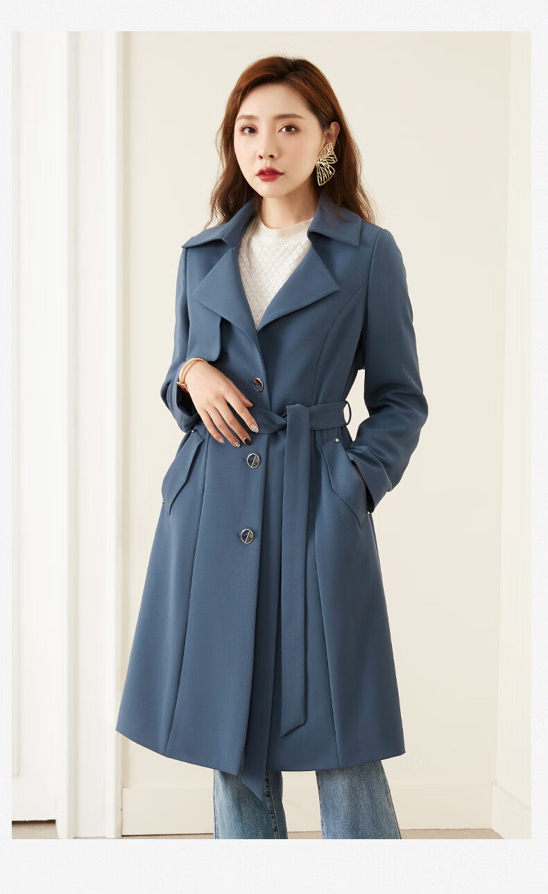 亦朵风衣女2021春秋新品新款风衣女士中长款蓝色小个子高端气质外套