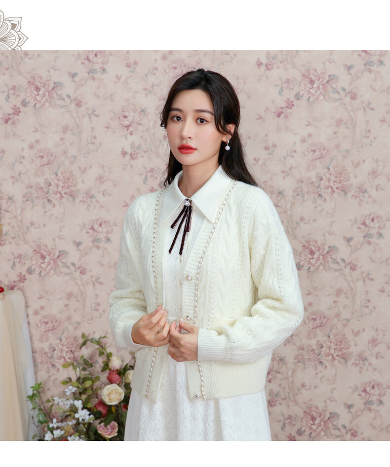 固执2022秋冬新款学院v领长袖针织毛衣外套女装12323my07671 米杏色