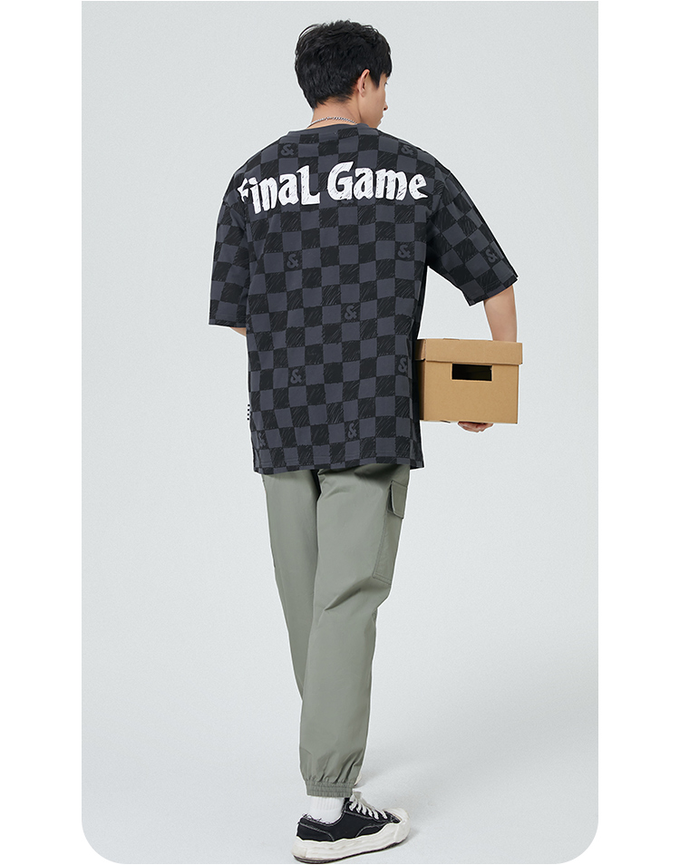 jackjones杰克琼斯春季男士舒适潮流棋盘格宽松字母纯棉短袖t恤