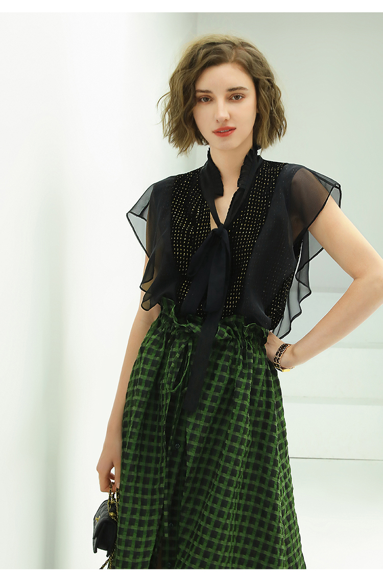 cocobella蝴蝶结飘带风琴领衬衫女夏优雅荷叶边气质上衣sr17黑色m