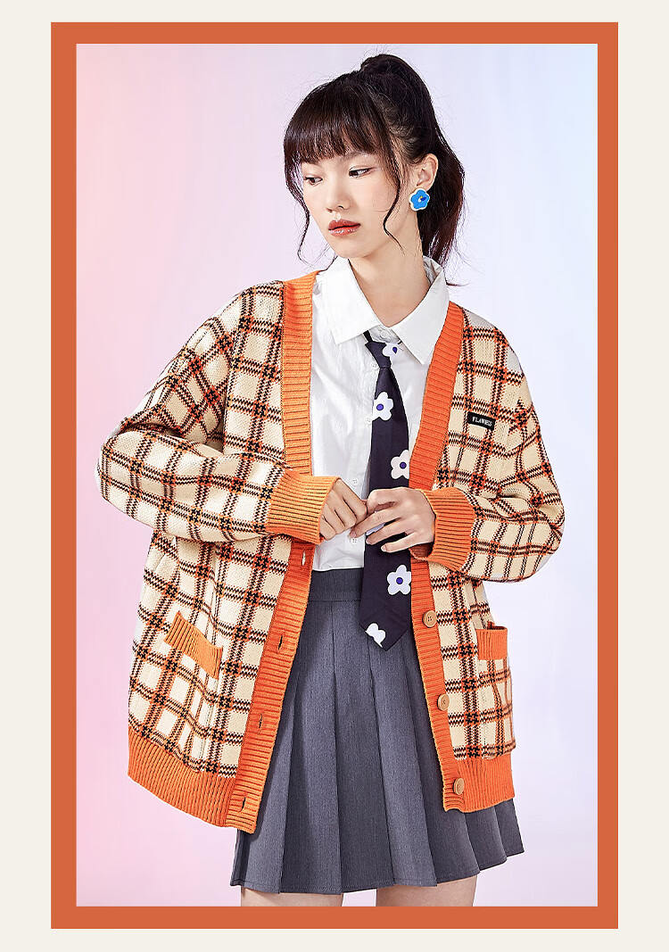 三福2021秋季女重返校园复古格纹披肩舒适上衣女445353 橘格 160/84a