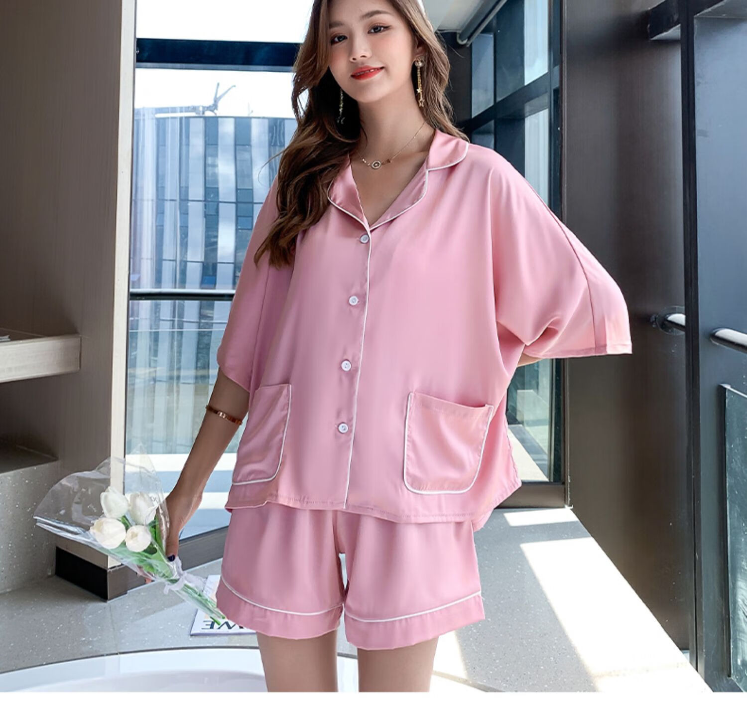 夏季少女韩版女士睡衣女夏冰丝双口袋宽松短袖短裤女生睡衣夏天丝绸