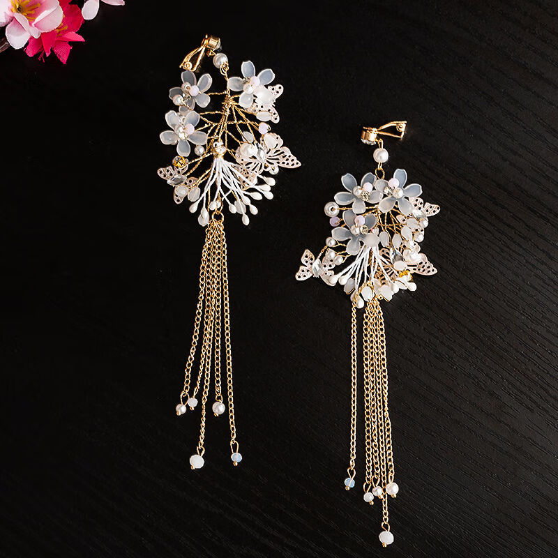 汉服耳饰古风超仙耳坠流苏长宽耳环花朵耳钩耳夹无耳洞古装配饰女