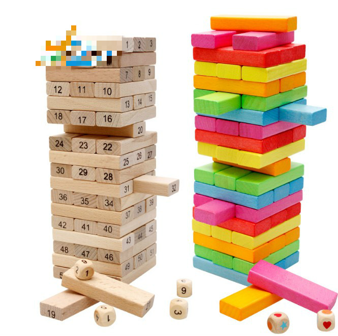 彩色叠叠高叠叠乐54块木制抽积木 数字益智玩具桌游 木制小锤子 3支
