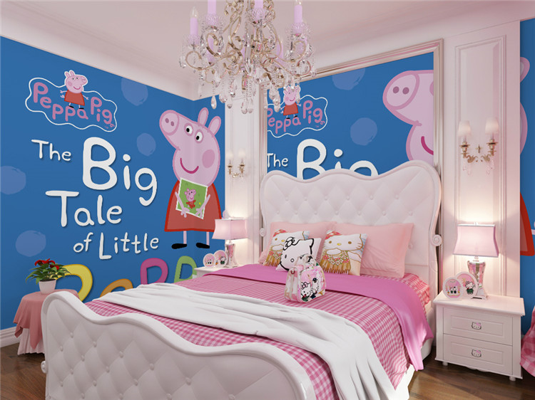 卡通小猪佩奇儿童房墙纸床头男孩女孩墙布无缝卧室主题壁纸动漫房间满