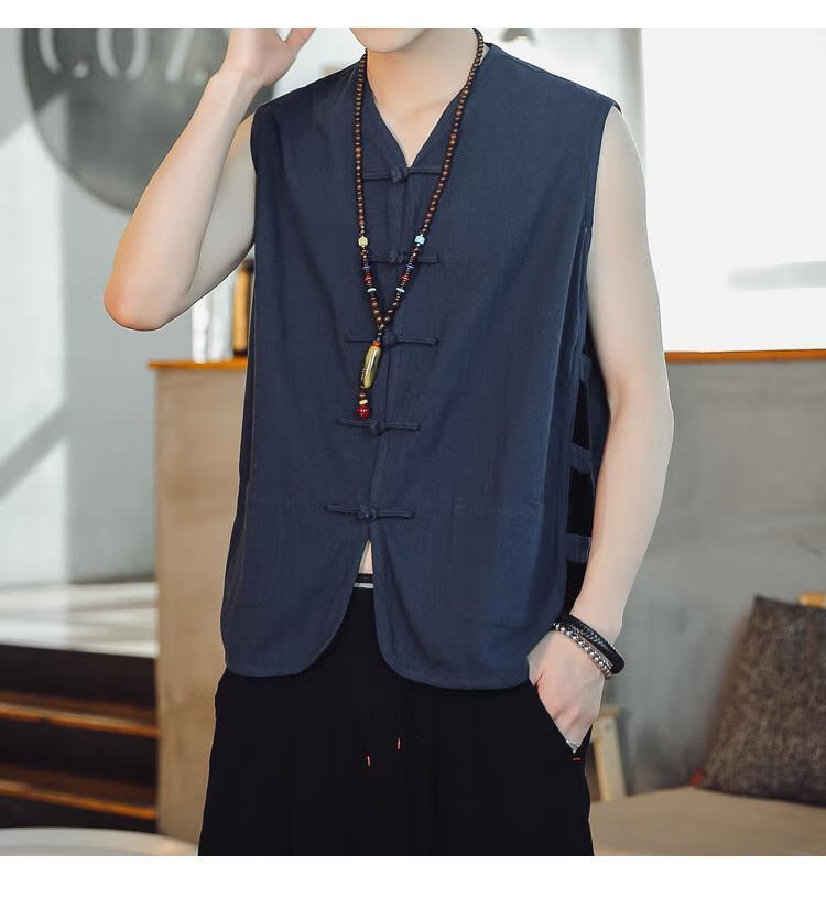 啄木鸟中老年薄款棉麻坎肩男爸爸亚麻马褂背心休闲老人马甲男士男式