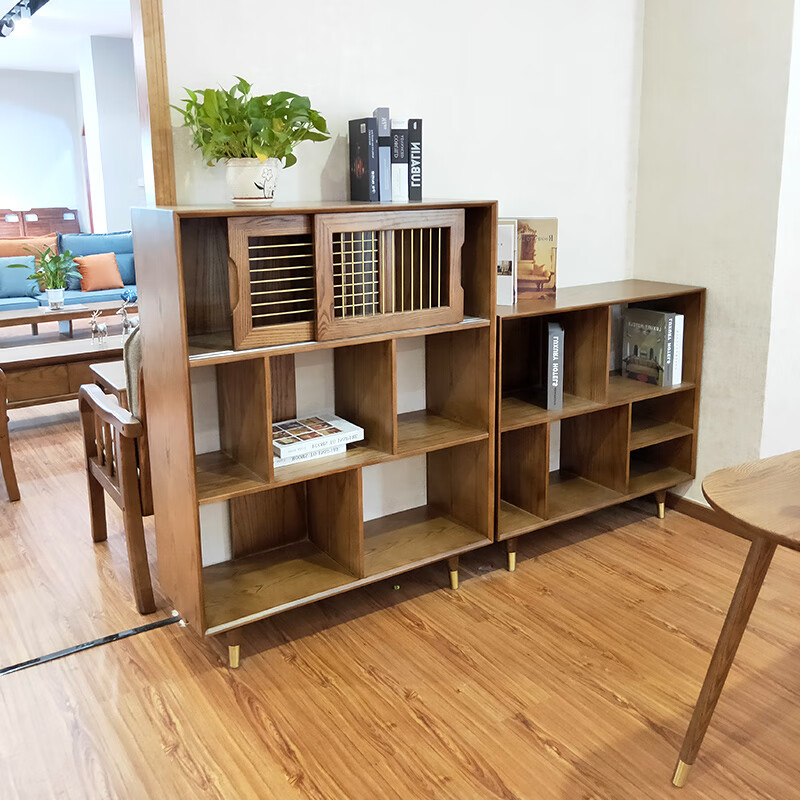 敏成全实木书柜小户型书房卧室落地靠墙木质胡桃色双面镂空多层收纳置