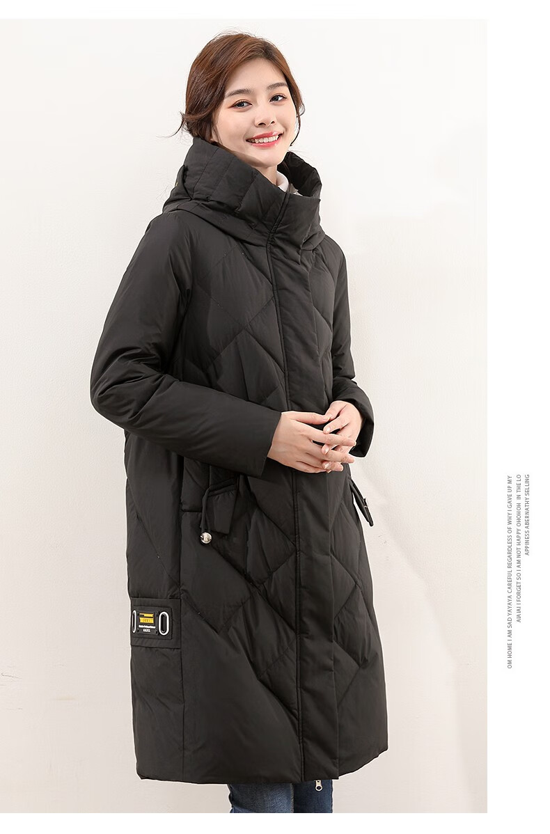 雅鹿中长款羽绒服女2020秋冬新品加厚时尚连帽外套立领保暖上衣 黑色