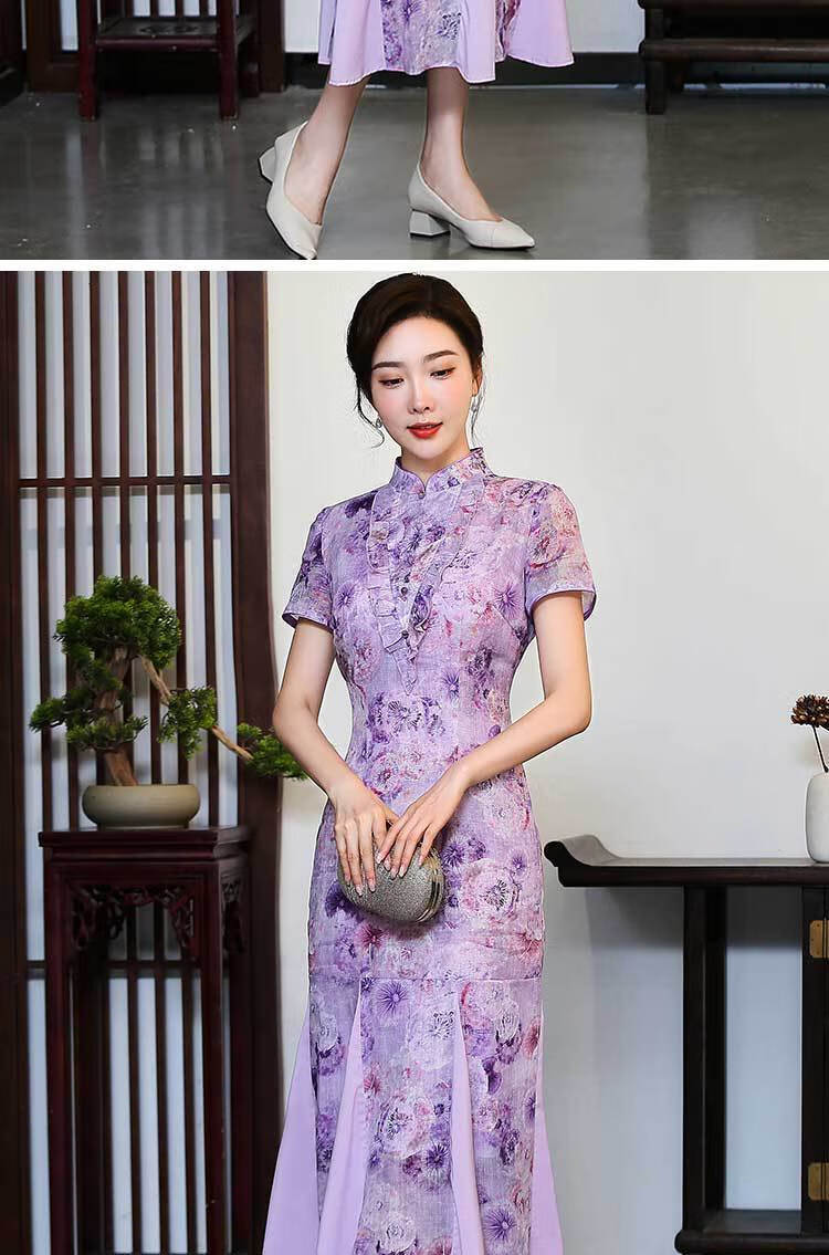 fgacct旗袍鱼尾裙2020新款苎麻中国风年轻时尚改良旗袍中长款大码紫色