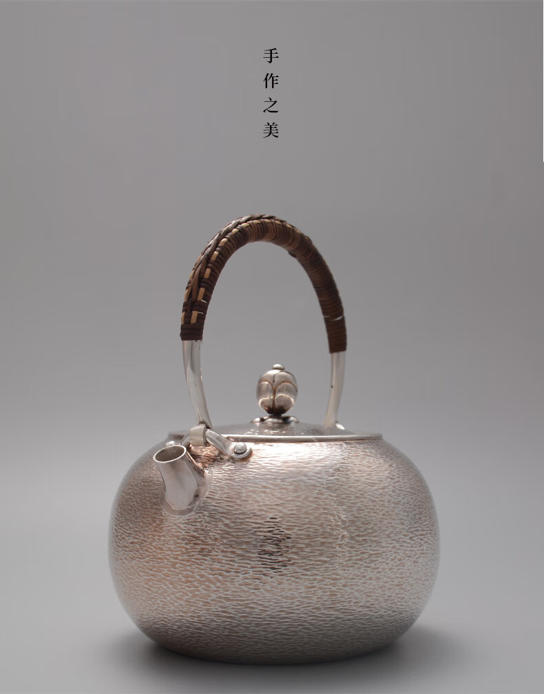 藏六造晴川锤纹银壶家用烧水壶日本高端茶壶999纯银纯手工银壶中号