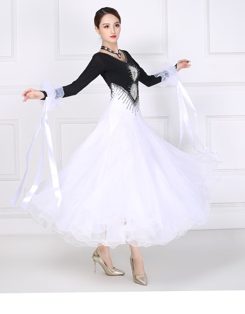 新款摩登舞表演服国标舞交谊舞大摆裙比赛服装女舞裙连衣裙演出服黄色