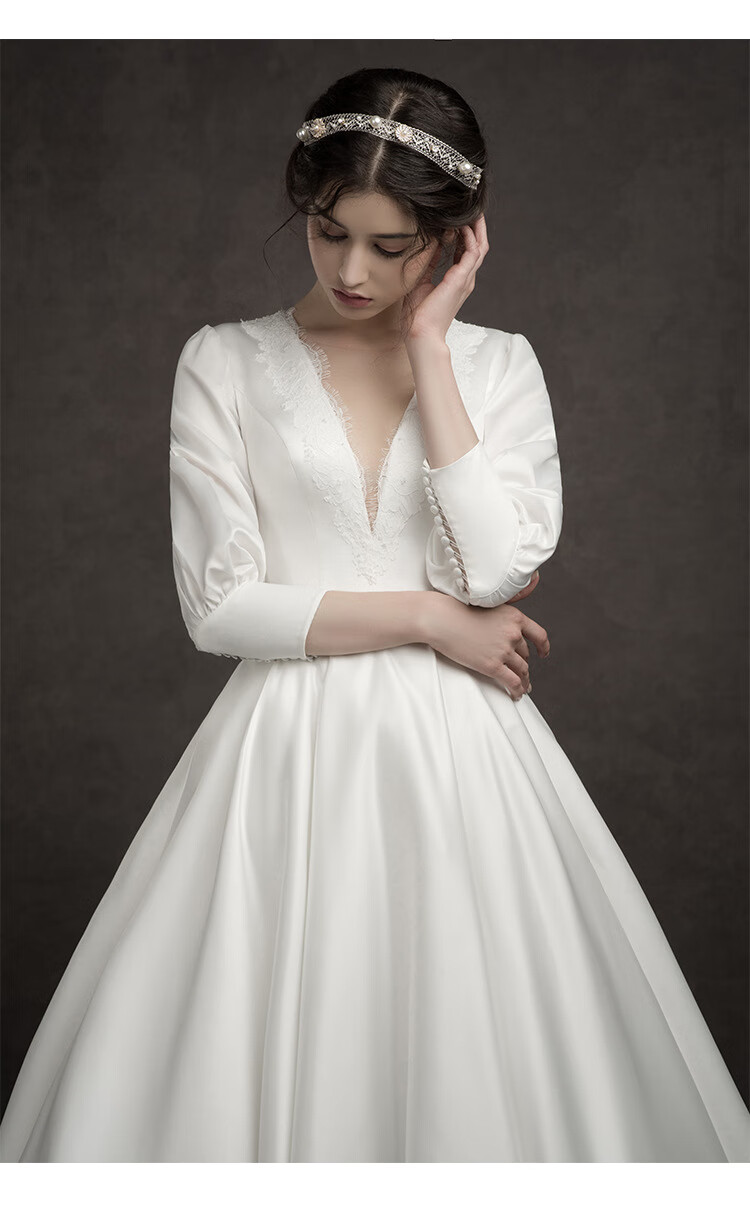 西式新款婚纱法式白色优雅v领长袖缎面长袖高腰显瘦西式新款主婚纱