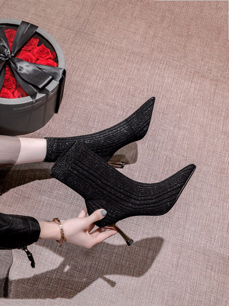 wallerdixon品牌高跟鞋女2020新款秋冬中筒弹力靴ins网红瘦瘦靴袜子