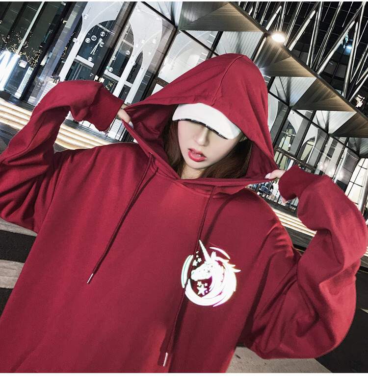 飞彦2020秋冬季新款红色连帽卫衣女大码宽松bf风潮牌情侣外套中长款