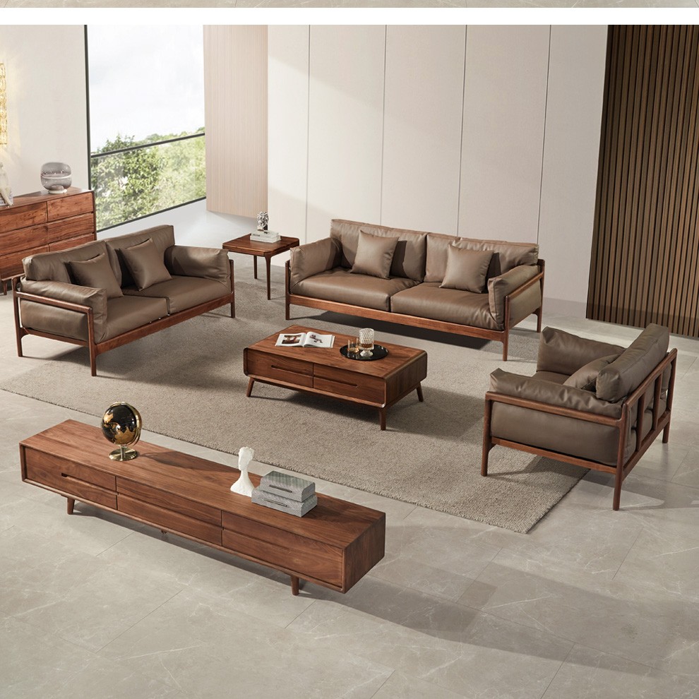 现代简约黑胡桃木实木沙发 组合小户型沙发 客厅家具 北欧轻奢沙发直