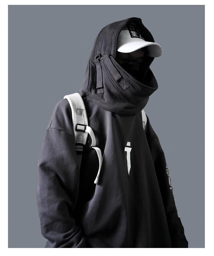 2022新款吉业重工官方国潮鱼嘴帽卫衣男宽松嘻哈潮牌连帽套头衫机能