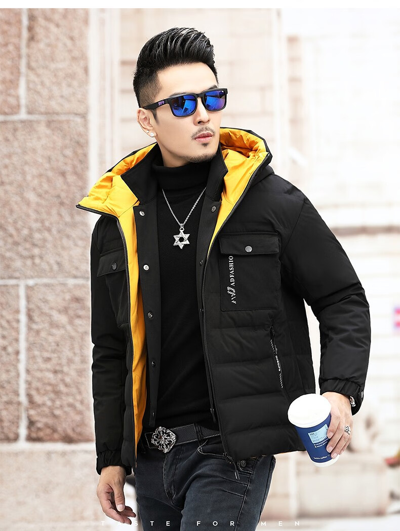 阿堡尼羽绒服男短款2020冬季新款白鸭绒保暖连帽工装羽绒服男中青年