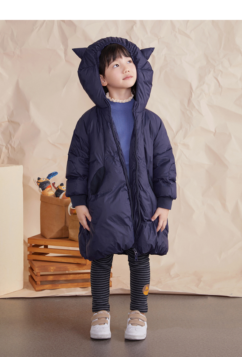 马拉丁童装女大童中长款羽绒服2020冬装新款儿童趣味牛角帽羽绒衣