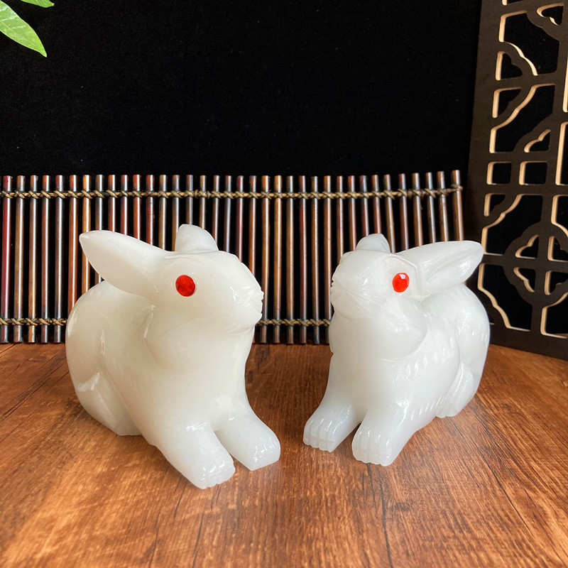 生肖兔玄关酒柜装饰家居吉祥物大号手工雕刻 长15厘米玉兔单只【图片