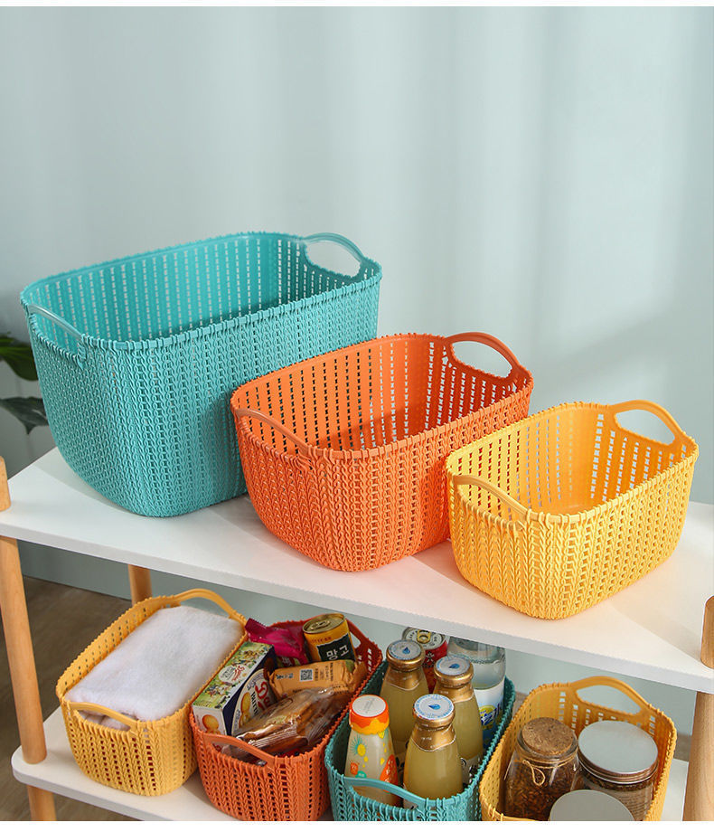仿藤编桌面收纳篮塑料篮子收纳筐杂物零食置物篮洗浴洗澡篮静谧蓝大号